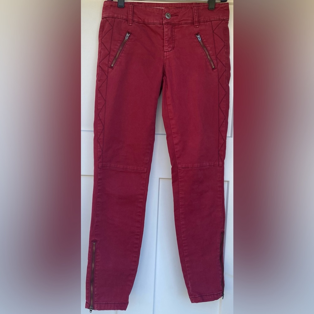 Anthropologie Pilcro & The Letterpress Red Ankle Zip Skinny Moto Jeans, Size 0